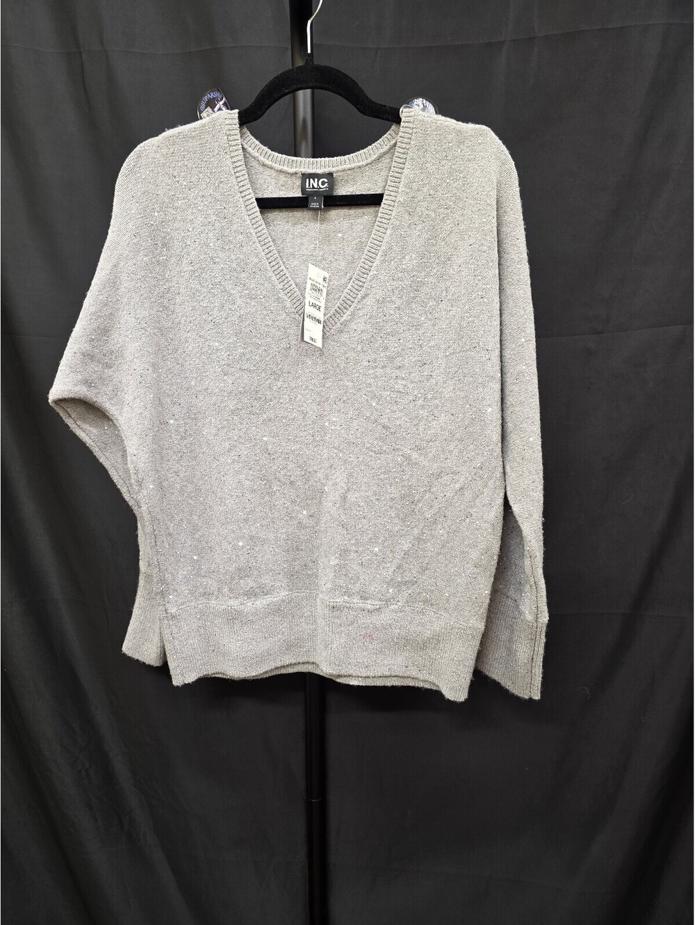 I.N.C. WOMEN’S SEQUIN SHINE V‑NECK SWEATER HEATHER BELL SIZE L